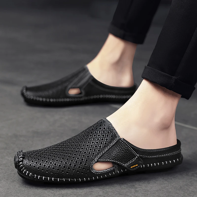 Half Shoes For Men Leather Mules Men Semi-Drag Casual Shoes Man Slides Backless Loafers Slippers Slip On Flats 2024