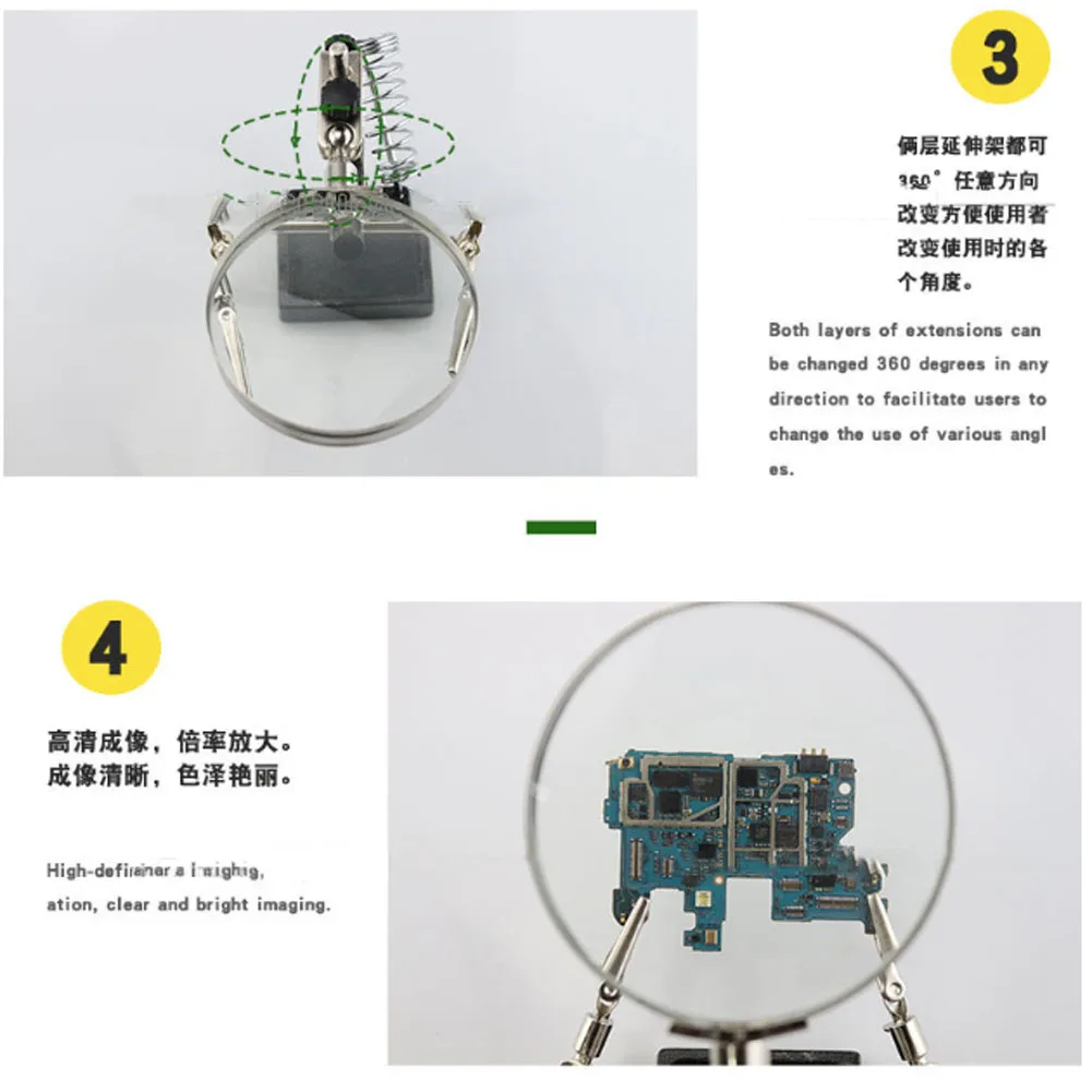 90mm 3X Magnifier with Spring Clip Base for Soldering Iron Support Mount Device Inspection and Circuit Debugging