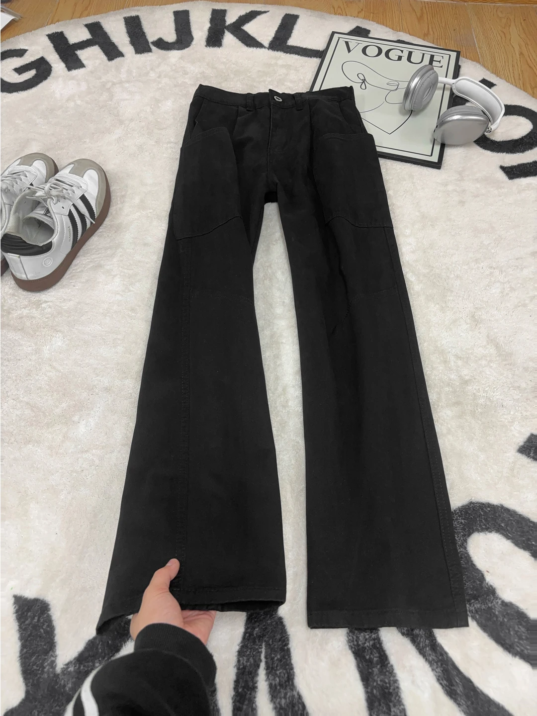 

Черные рабочие джинсовые брюки мужские осенне-зимние в американском уличном стиле, широкие прямые брюки с микро-клешем, с множеством карманов