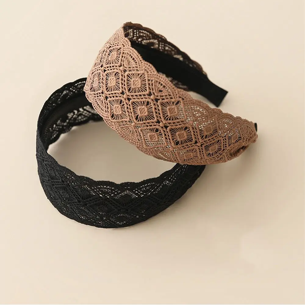 Vintage Elegant Wide Side Hollow Non Slip Wash Face Women Hair Hoop Lace Hairbands Korean Head Wrap Mother Headband