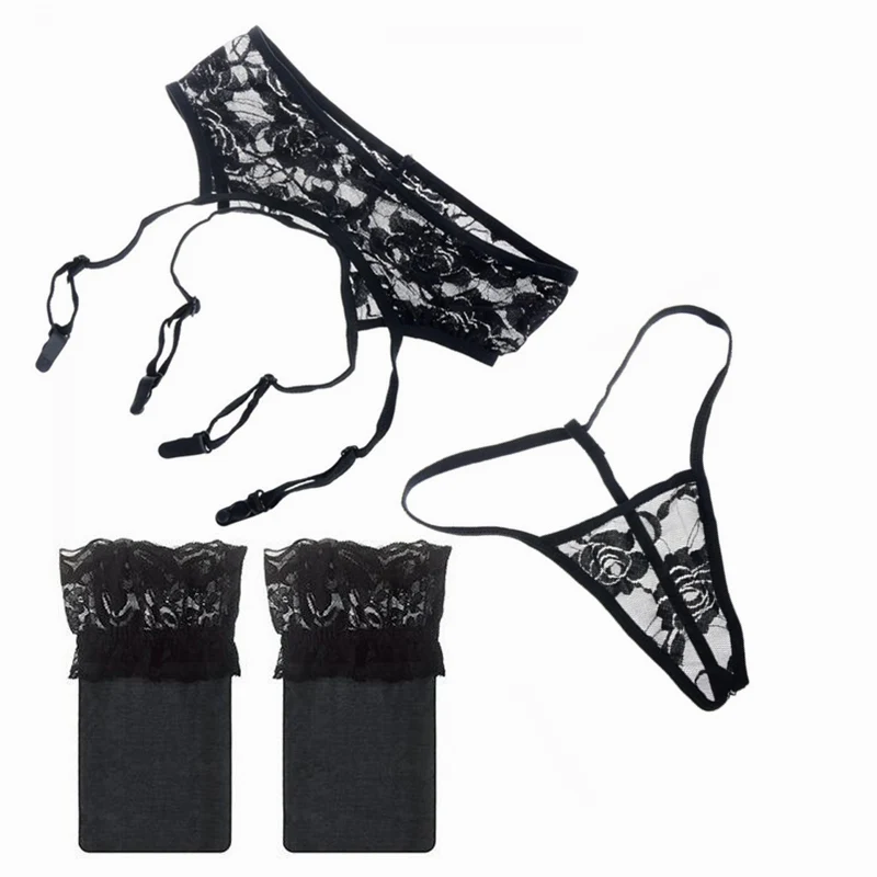 Hot Sexy Erotic Lingerie Women Sheer White/Black Lace Top Knee High Stockings Pantyhose + Garter Belt  + G-string Sex Products