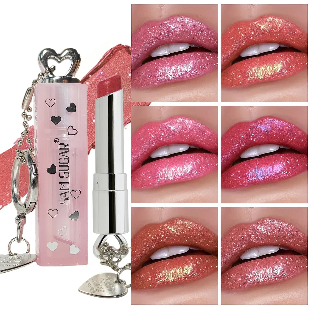 Lápiz labial de terciopelo brillo metálico hidratante de larga duración sin granulado altamente pigmentado 3D brillo de diamante corazón amor lápiz labial