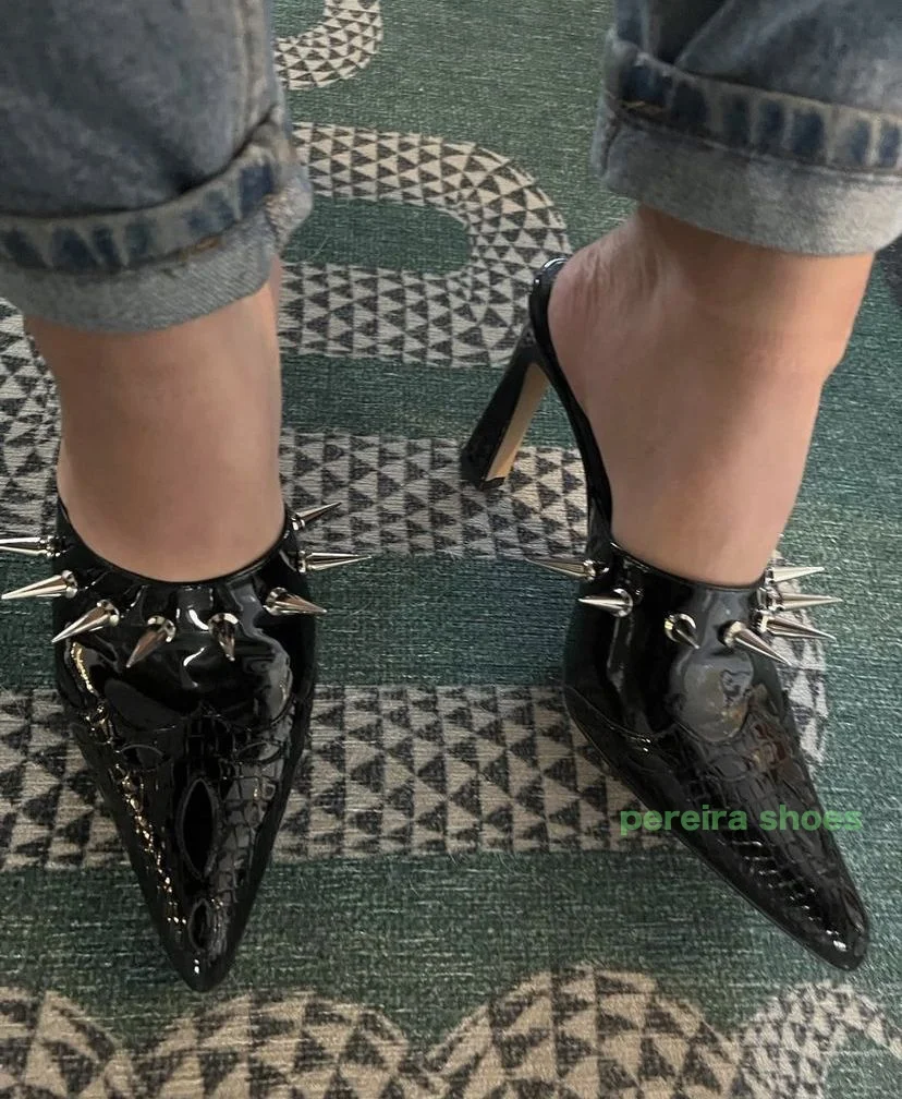 

Lady Black Pattern Pointed Printed Spike Mules Pumps Slingback Rivet Metal Sexy Dance Pumps Footwear Daily Punk Style High Heels