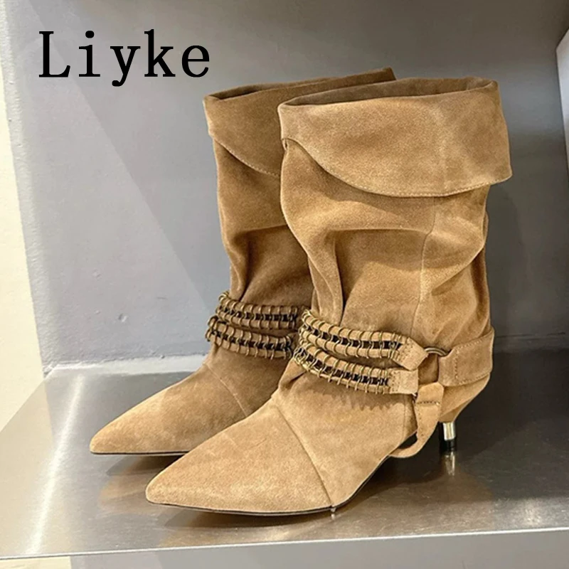 

Liyke, осенне-зимняя обувь, уличная мода, женские ботинки до середины икры с металлической пряжкой, винтажные ботильоны в стиле вестерн с острым носком на низком тонком каблуке