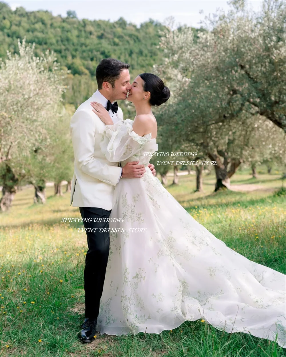 Robe de mariée en Organza imprimé floral, épaules dénudées, manches longues, traîne longue, robe de soirée de mariage personnalisée