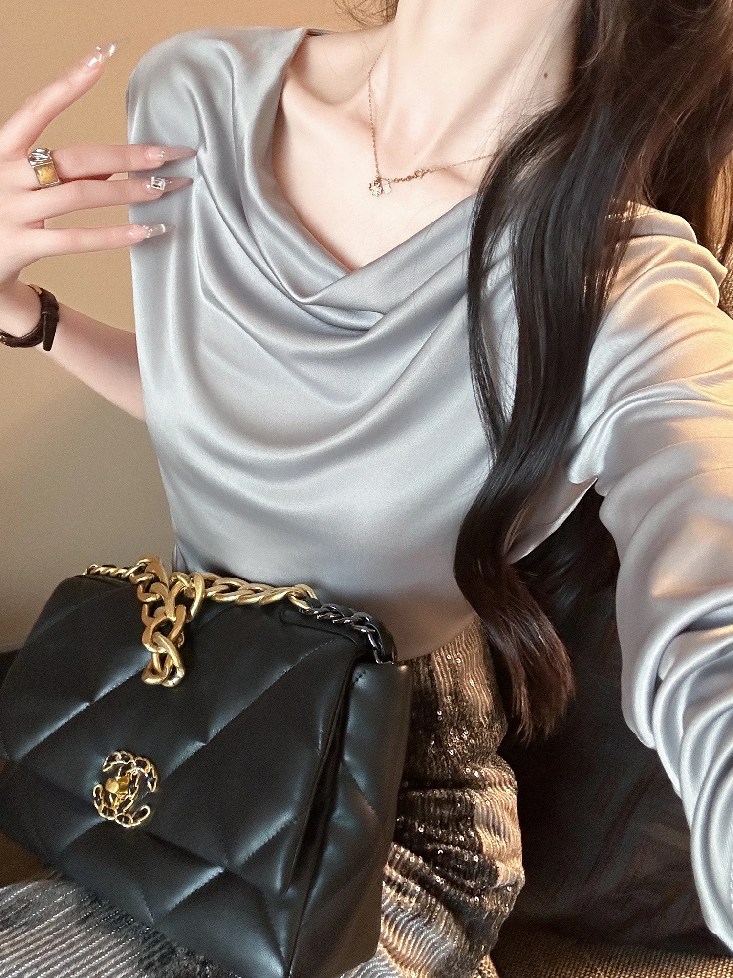 

Шелковистая гладкая атласная женская блузка из ацетата с длинным рукавом, весенняя модная новинка, комфортная, дышащая, в офисном стиле