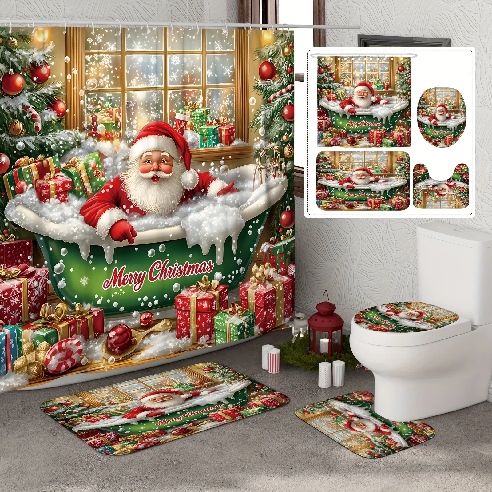 

Рождественский комплект занавесок для душа со снежинками и нескользящим ковриком для унитаза, красный, зеленый, забавный полиэстер, рождественский декор