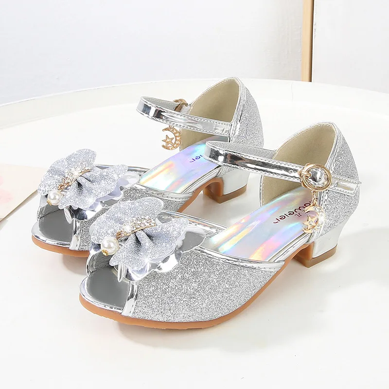 Summer 2024 High Heels Shoes for Girls Pageant Kids Sandals Child Mary Jane Shiny Princess Elsa Cinderella Party Dress Up Shoes