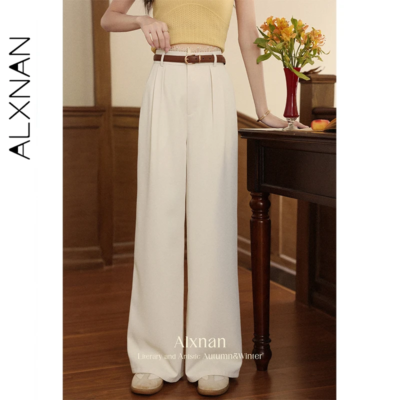 ALXNAN Women's Pants Straight Wide-leg Office Lady Baggy Pants Autumn Light Apricot Lace-paneled Waist Casual Trousers L56771