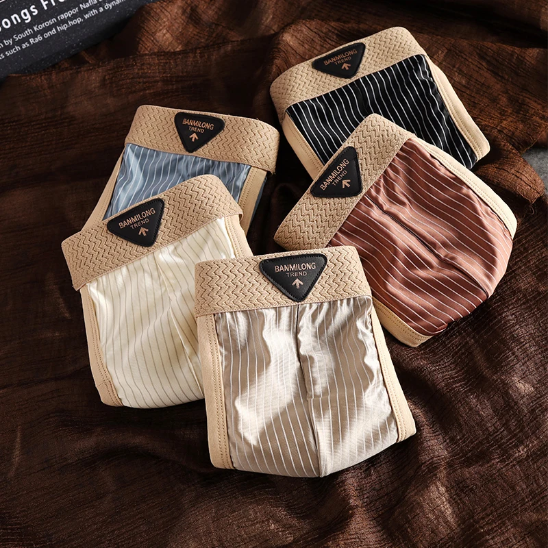 3-Pack Men's Briefs Youth Sports Trunks Breathable Ice Silk Striped Underwear Stylish Men's Underpants