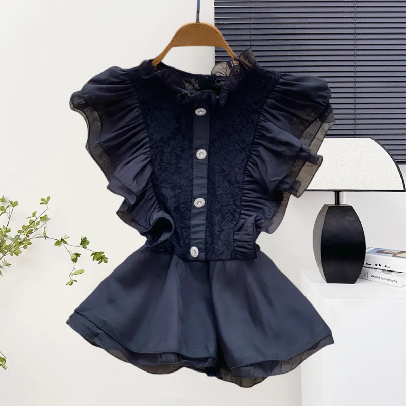 

2025,New,Summer,European,Clothes,Chiffon,Blouse,Chic,Sexy,Stand,Patchwork,Lace,3D,Ruffles,Women,Sleeveless,Pullover,Tops,56049