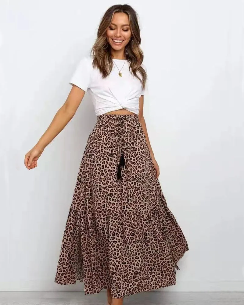 The new luxury Spring and autumn elastic high-waisted brown leopard print spun rayon burst skirt