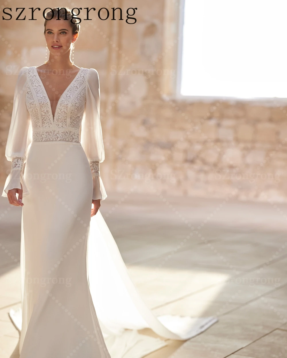 

Custom Made Lace V-neck Long Sleeve Boho Wedding Dress Mermaid Sexy Open Back Floor Length Bridal Dress with Court vestido de