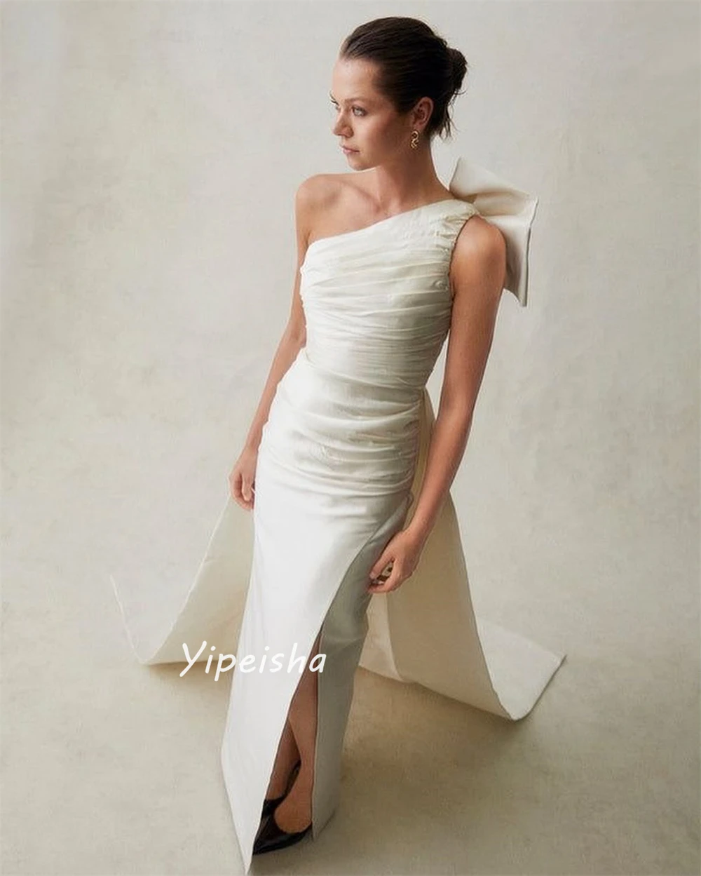 Modern Style Simple One-Shoulder Ball gown Bow Pleat Ruched Floor-Length Satin Bespoke Occasion Dresses Evening 