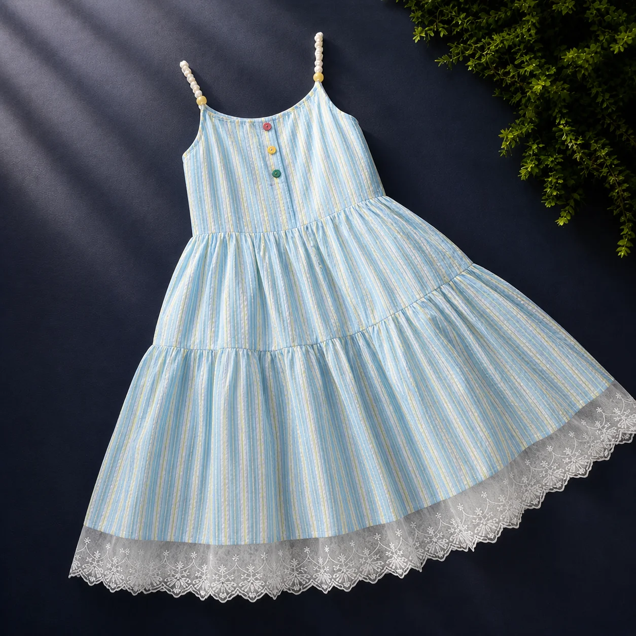 Dresses For Girls Princess Dress Spaghetti Strap Stripe Lace Hem Tiered Sundress Party Birthday Summer Kids Clothes 6-13 Years