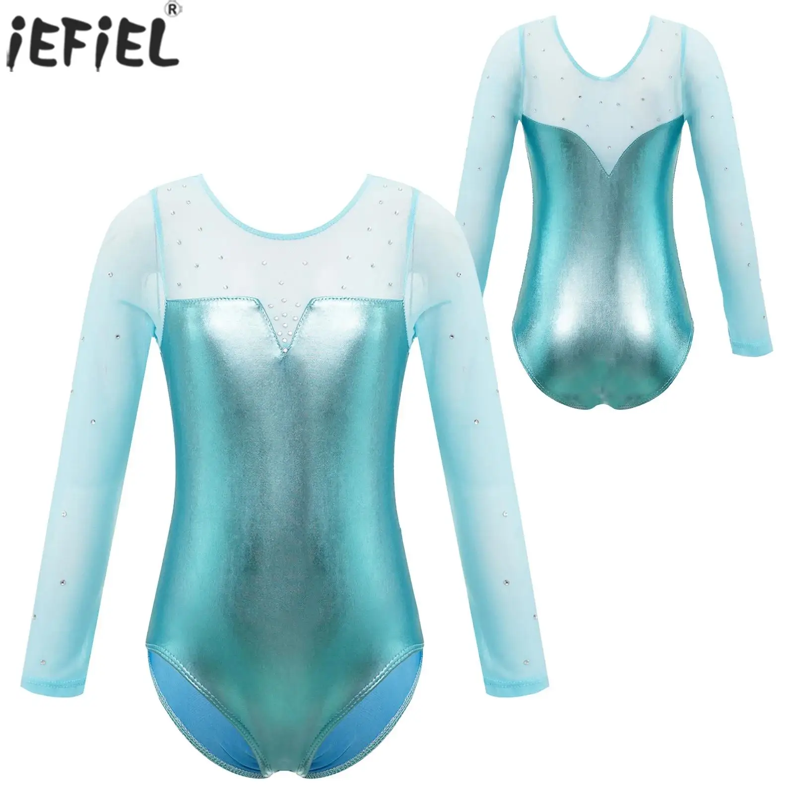 Kids Girls Rhinestone Gymnastics Ballet Dance Leotard Figure Skating Acrobatics Performance Costume Long Sleeve Mesh Bodysuit