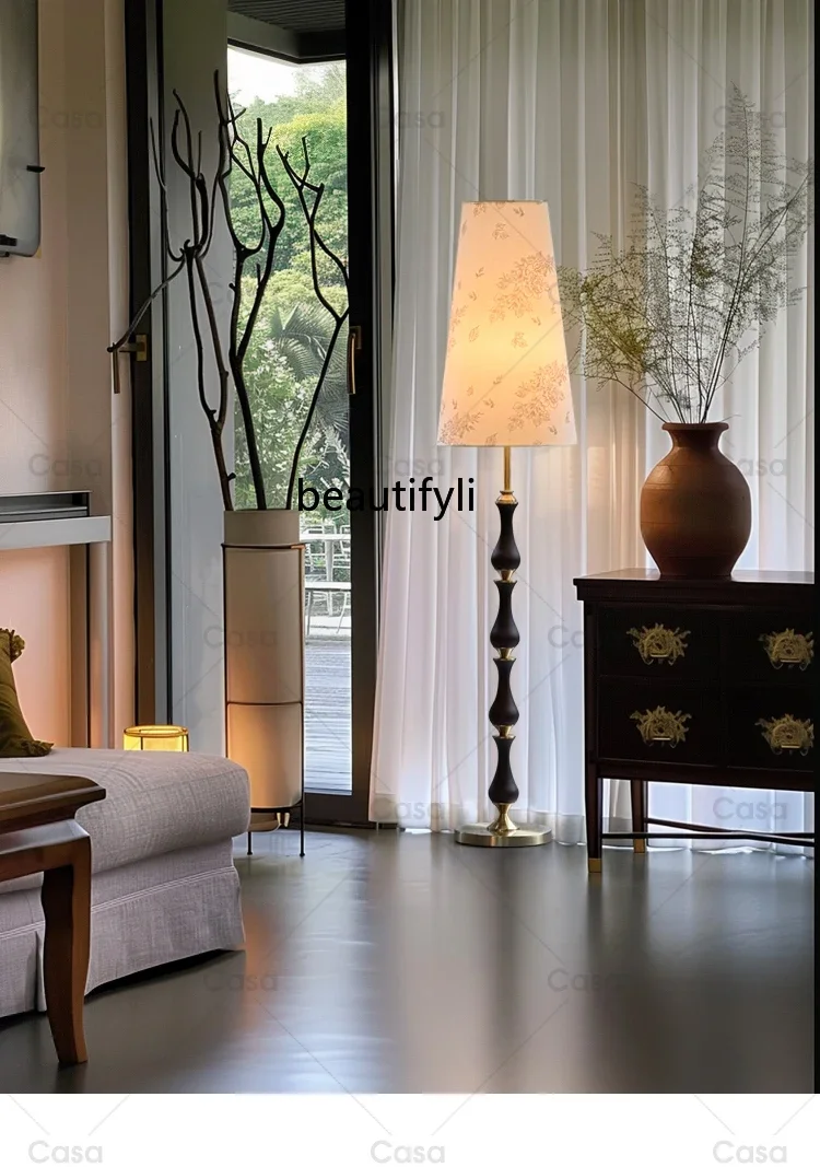 French Solid Wood Living Room Floor Lamp Silent Wind Zen Retro Fabric Ambience Light