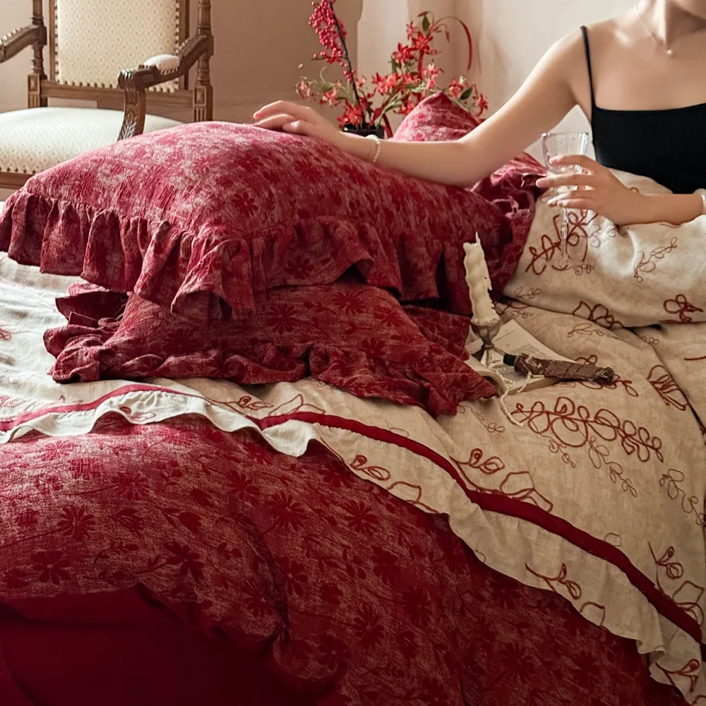 French Wedding Four-piece Set Red Three-layer Yarn Cotton Jacquard Cotton and Linen Quilt Cover Bed Sheet Pillowcase Bedding Set