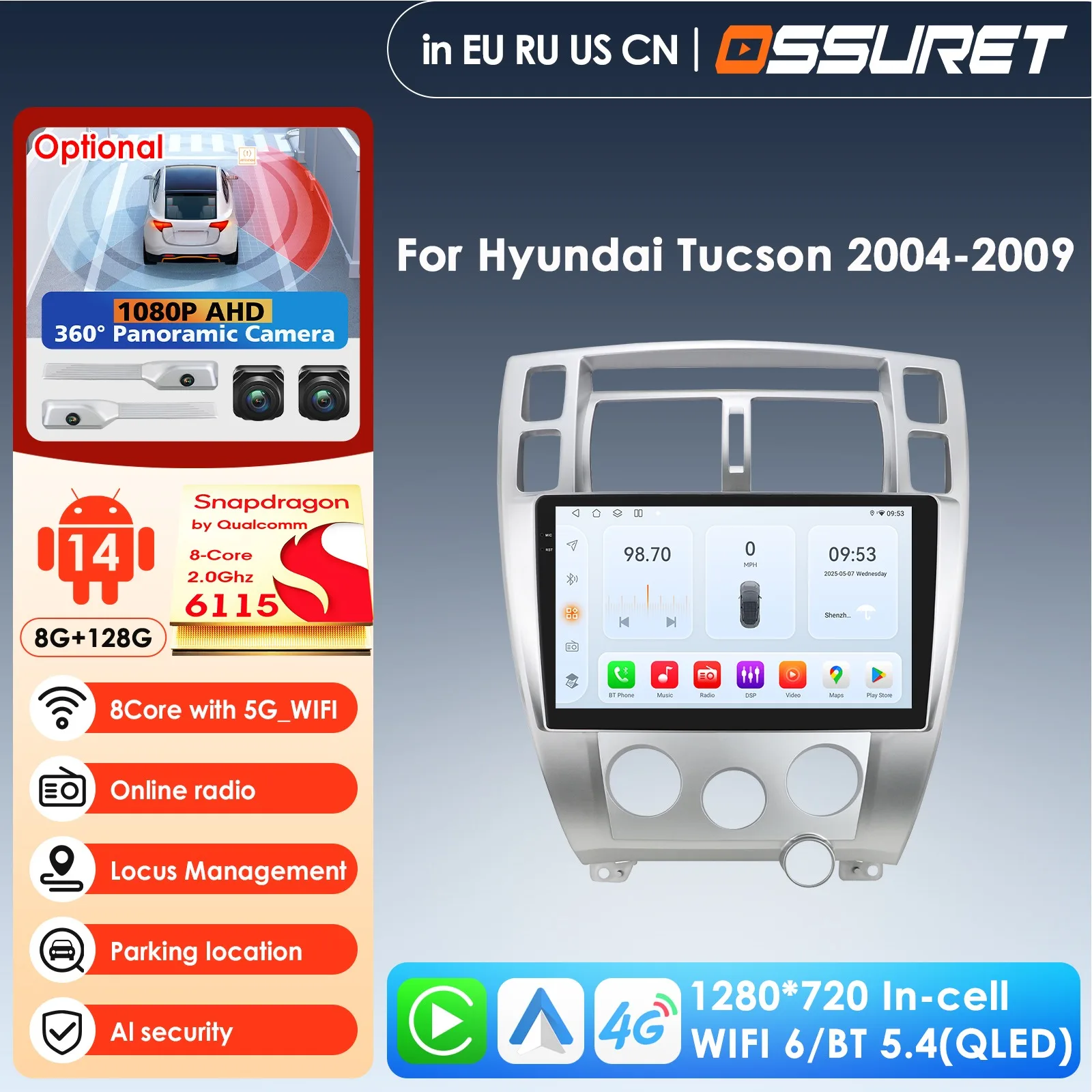 

9-дюймовый автомобильный мультимедийный плеер на Android с Qualcomm Snapdragon, 4G LTE, CarPlay для Hyundai Tucson 2004-2009, GPS-стерео головное устройство