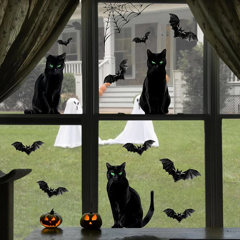 Realistic Black Cats Window Decals Halloween Window Stickers Spider Web Bat Black Cat Window Clings Halloween Decoration 2024