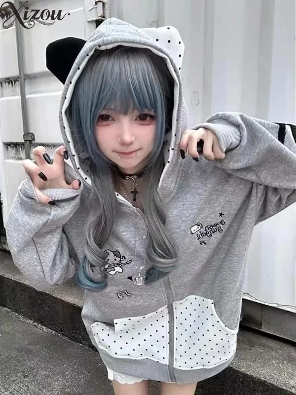 

Японский Kawaii Y2K Женская толстовка на молнии с кошачьими ушками и карманами в горошек в стиле гранж Свободная толстовка на молнии Осень-зима с длинными рукавами