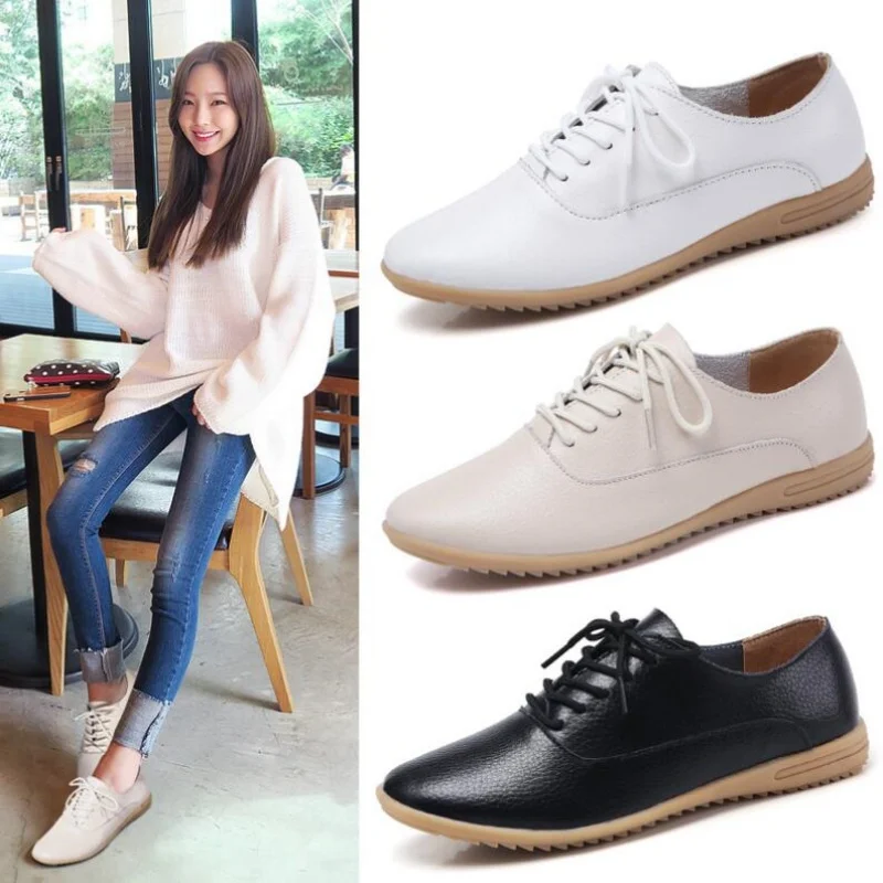 New Genuine Leather Shoes Woman Soft shoes for Women Flats shoes size 36-41 Ladies Lace Up Non-Slip Loafers