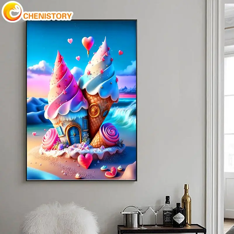 

CHENISTORY Oil Painting Colorful Ice Cream House Scenery Drawing On Canvas HandPainted Art Picture By Number Kits Home Decor