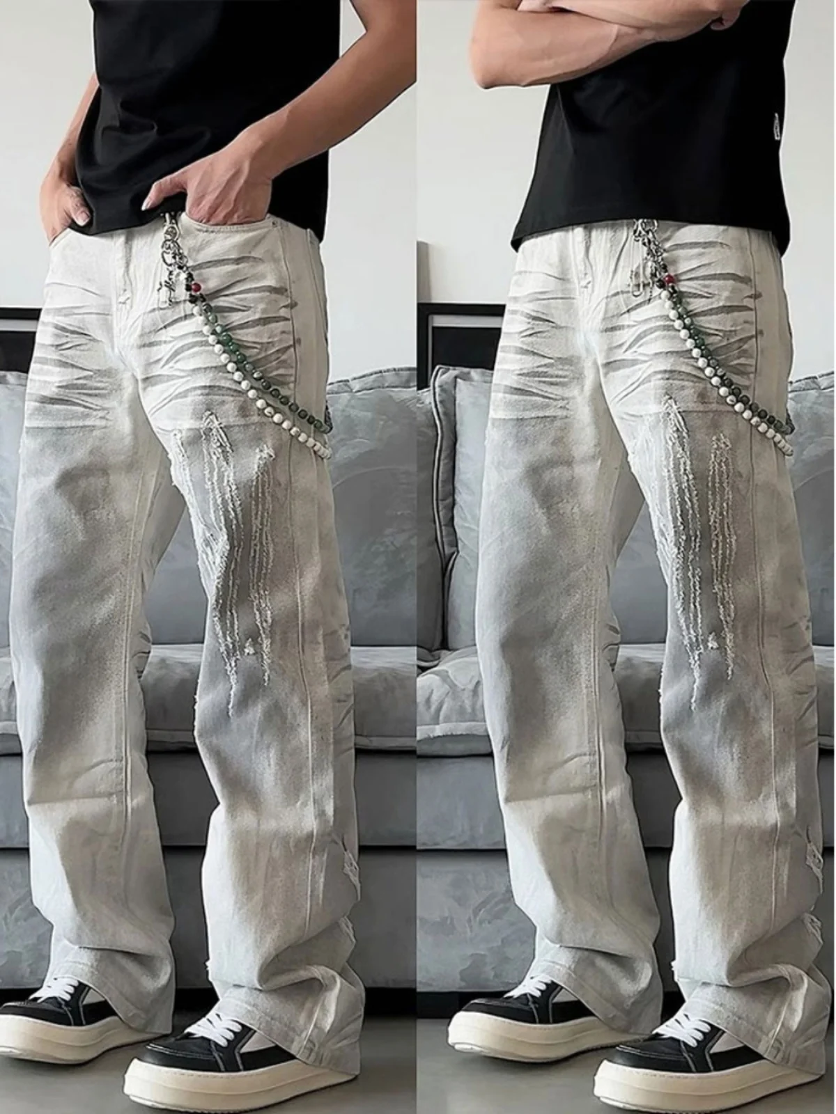 

Белые джинсы свободного кроя с эффектом когтей дракона, мужские, в стиле High Street, с модным окрашиванием, трендовые, повседневные, длинные брюки