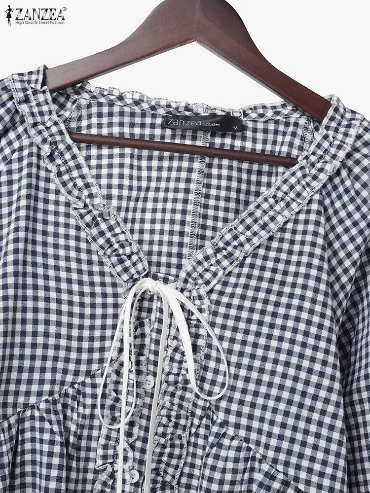 ZANZEA-camisas informales de otoño para mujer, camisas elegantes con volantes y cuello en V, Tops abotonados de manga larga, ropa de mujer S-3XL en 3 colores