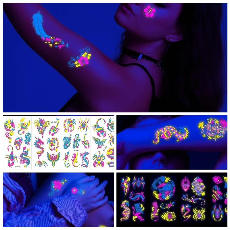 Fluorescent Temporary Tattoo Stickers Flower Feather Animal Patterns for Body Arm Leg Face Night Bar Party Music Festival