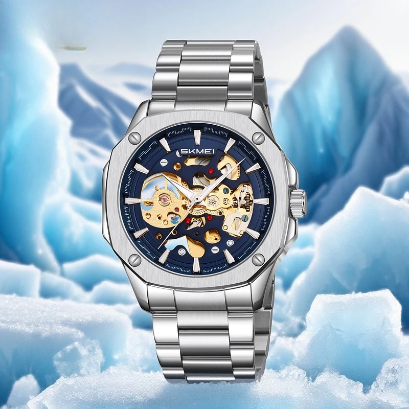 

Sleek Men's Automatic Skeleton Watch with Stainless Steel Bracelet for Business & Style