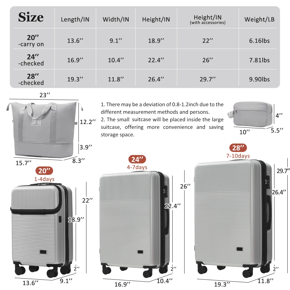 Luggage Sets 5 Piece, 20inch Half-opening Carry on Boarding, 24/28inch Hardside Suitcase Set with Double Spinner Wheel, Lightweight ABS Material Travel Trolley Case with TSA Locks