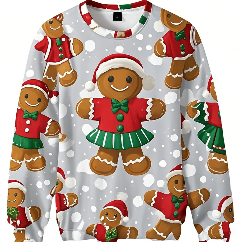Cute Gingerbread Man Ugly Christmas Sweater Funny Kids 3D Print Xmas Sweatshirts Loose Mens Tracksuit Streetwear Pullovers Tops