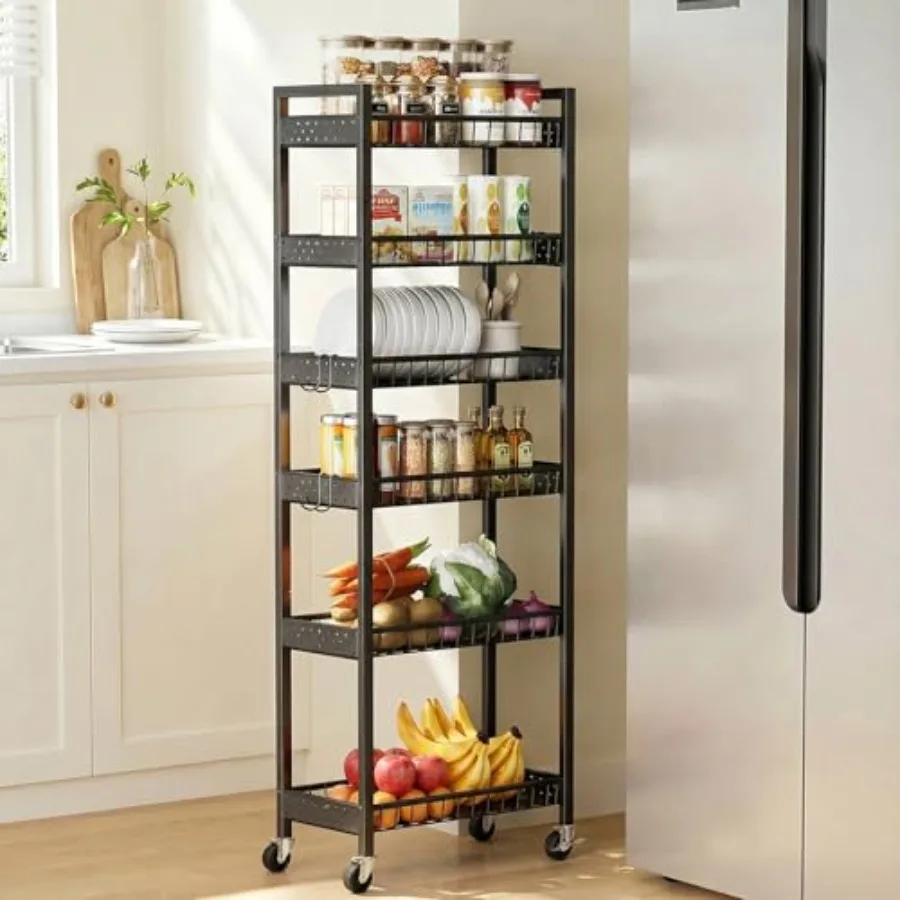 

6 Tier Slim Storage Cart for Kitchen, Bathroom, Laundry Room, Living Room, Small Places; Steel, Black; Narrow 10in W Mobile Uti