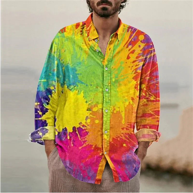 Shirt Men\'s Casual Outdoor Colorful Love Graffiti Rainbow Rose Men\'s Shirt Button Long Sleeve Lapel Plus Size New Hot Sale