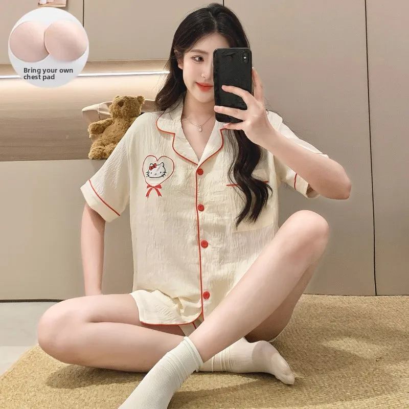 

Summer short-sleeved shorts pajamas women with chest pads cute cartoon KT cat girl cardigan pajamas set
