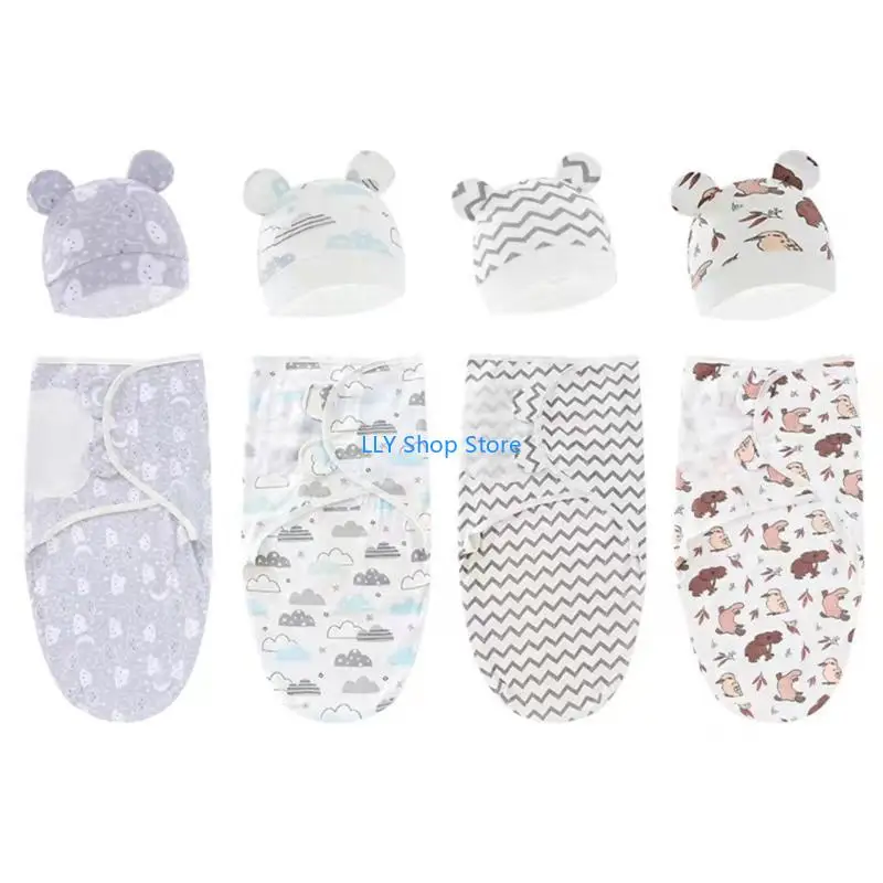 T8UD طفل التفاف بطانية و قبعة صغيرة الوليد التقميط بطانية القطن كيس النوم مستشفى قبعة للرضع الجنس قبعة محايدة