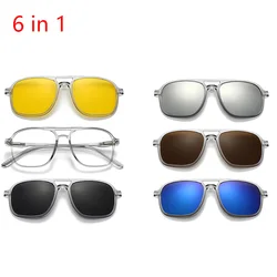 Transparent Grey Frame 6PCS Magnetic Polarized Clip On Sunglasses Plastic Frame For Night Driving Sunglasses UV400 2333A