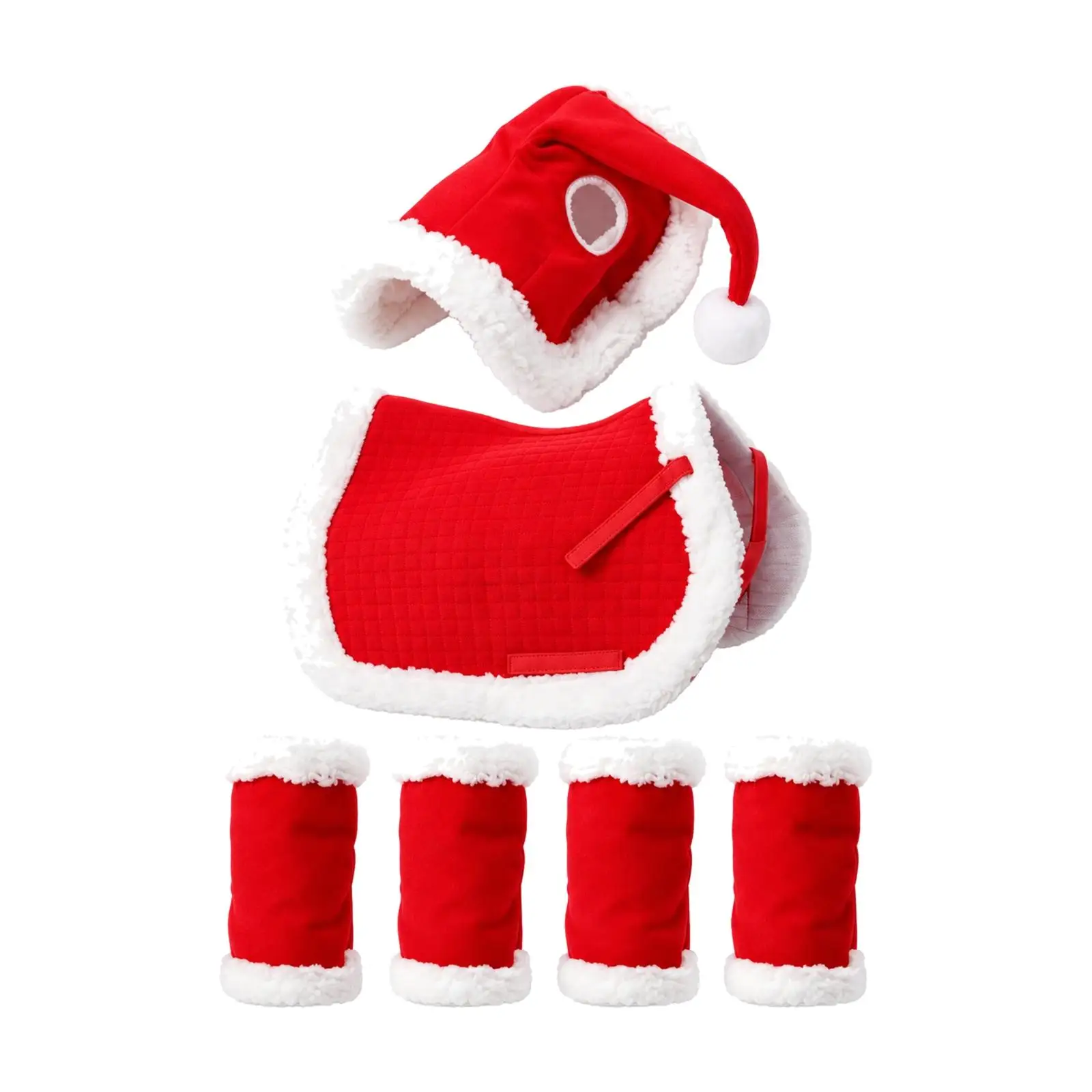 6 Pieces Christmas Horse Accessory Set Festive Horse Leg Warmers with Fuzzy Trim Quilted Saddle Pad with Fuzzy Trim Warm