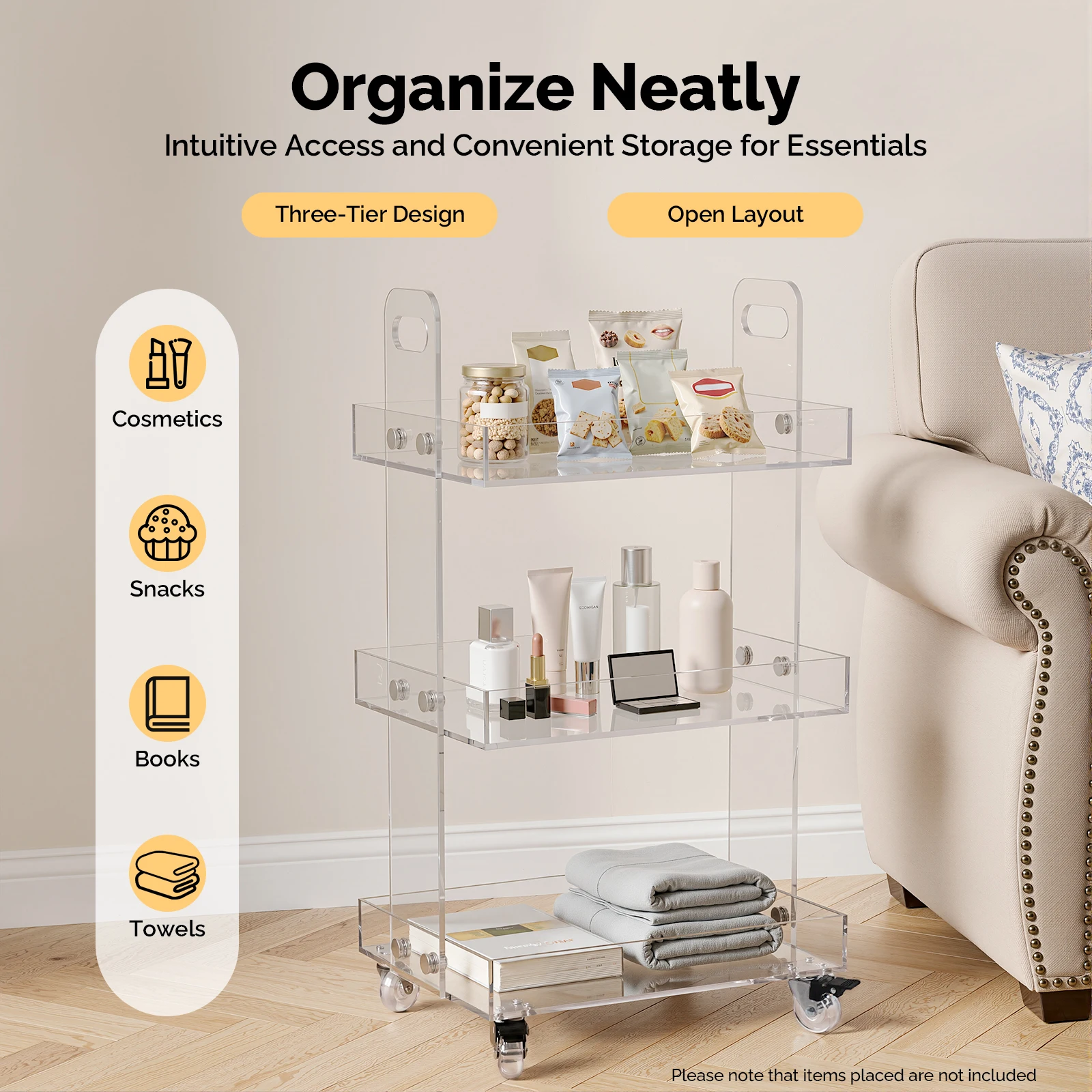 3 Tier Clear Acrylic Rolling Storage Cart with Brake Wheels Handles Mobile Organizer Trolley for Bathroom Kitchen Office