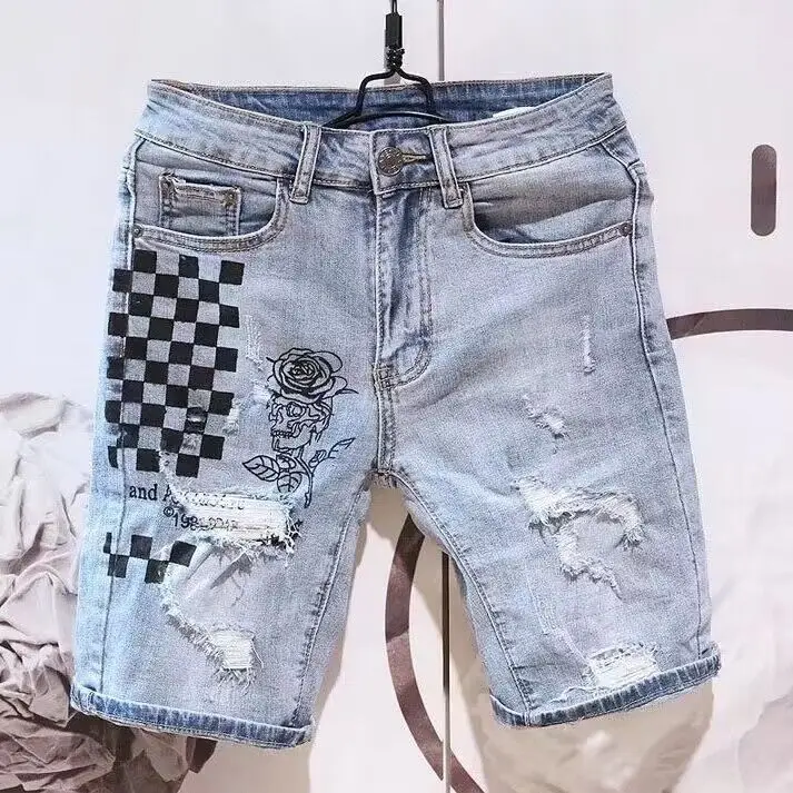 Summer 2025 Fashion Denim Shorts Men's Korean Slim-fitting Cargo Pants Youth Brand Printed Versatile Elastic Half Pants Man