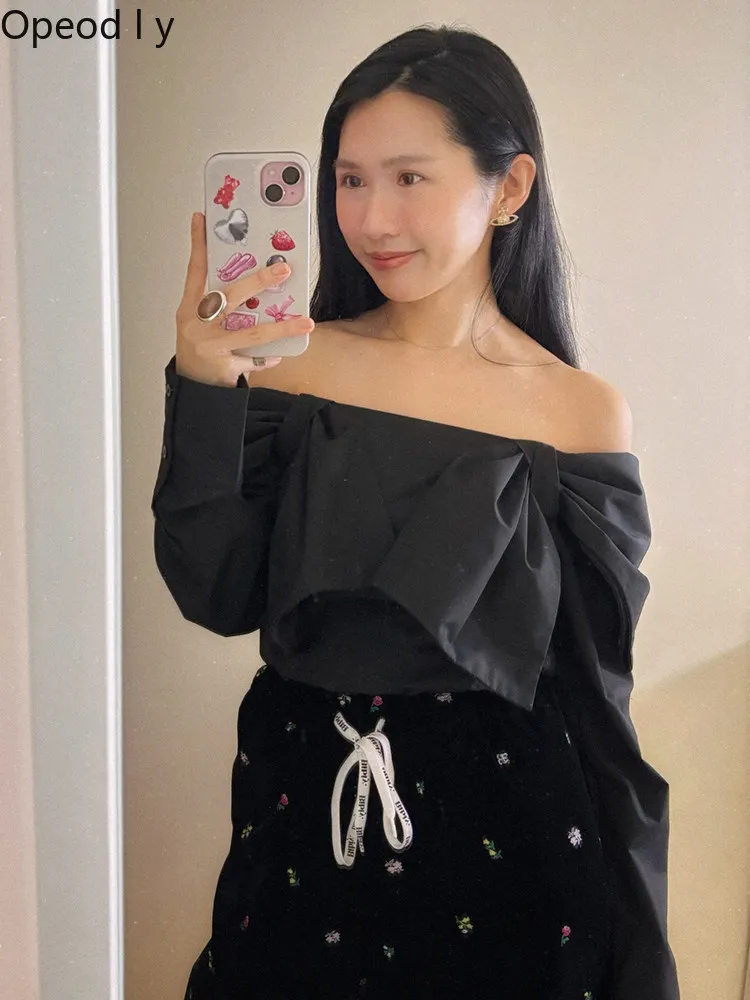 

Japanese Shoulder Big Bow Decoration Two Wear Off-the-shoulder Shirt Women's Spring and Summer Elegant Long-sleeved Women Top
