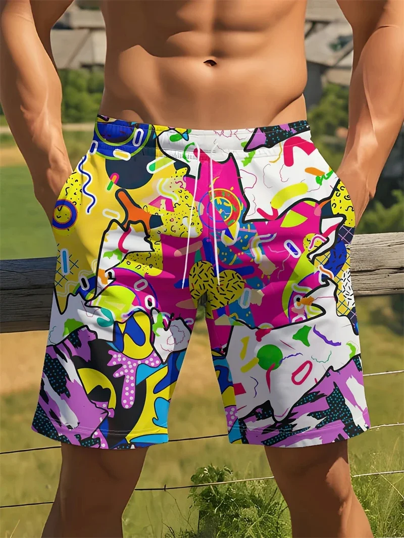 

2025 New Men's Graffiti Pattern Swimsuit Surf Board Shorts 3D Print Harajuku Cool Swim Trunks