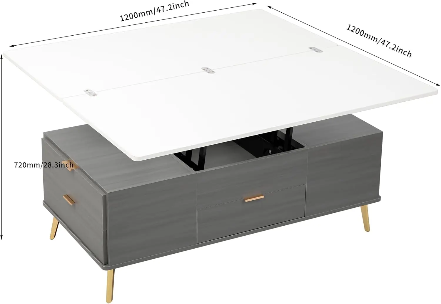 Modern Lift Top Coffee Multi Functional Table with Drawers, 47.24'', White+Gray