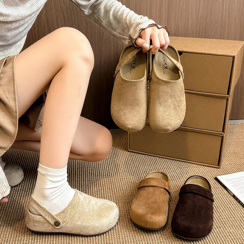 女性用ヴィンテージベルトバックル付きバオトウスリッパ-2025-グラインディングレザーフラットミュール-2way-アウトドアストリートウェアサンダル-ブラウン-ブラック