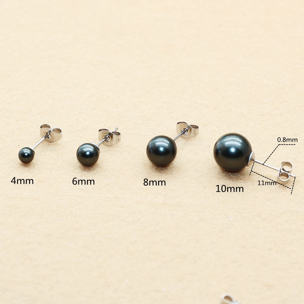 Brief Style Stainless Steel With Nature Shell Beads Black Color Pearls Push-back Stud Earrings 4/6/8/10mm No Fade Allergy Free