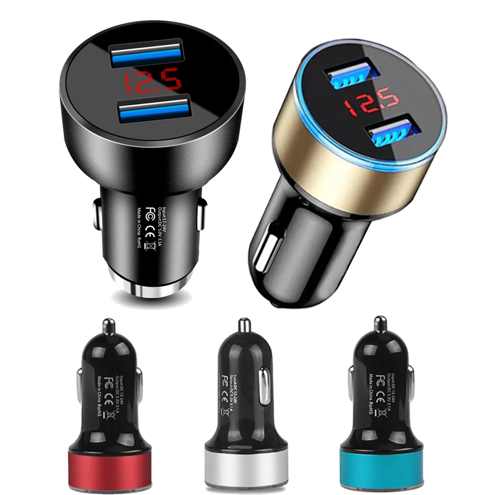 Car Charger For Cigarette Lighter Smart Phone USB Adapter Mobile Phone Charger Dual USB Digital Display Voltmeter Fast Charging