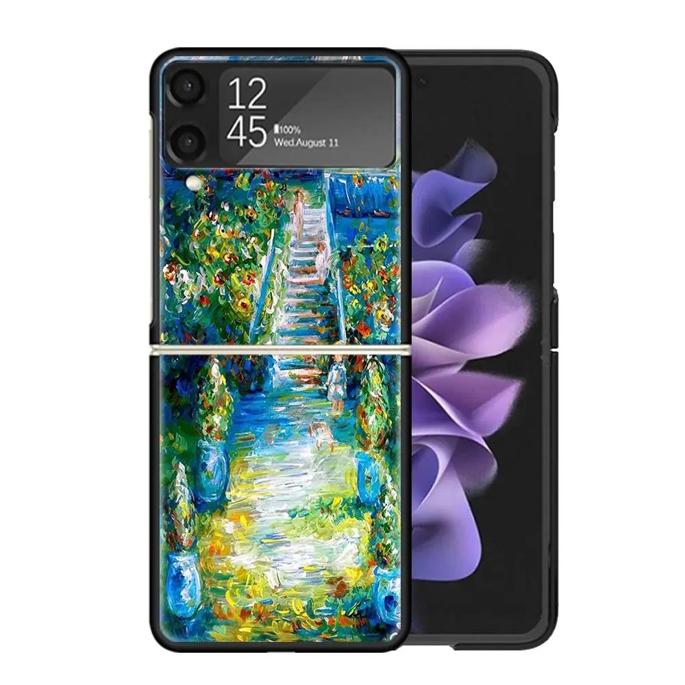 Claude Monet Garden Lotus Bridge For Samsung Galaxy Z Flip 6 5 4 3 5G Black Phone Case Flip6 Flip5 Flip4 Flip3 Cover Shockproof