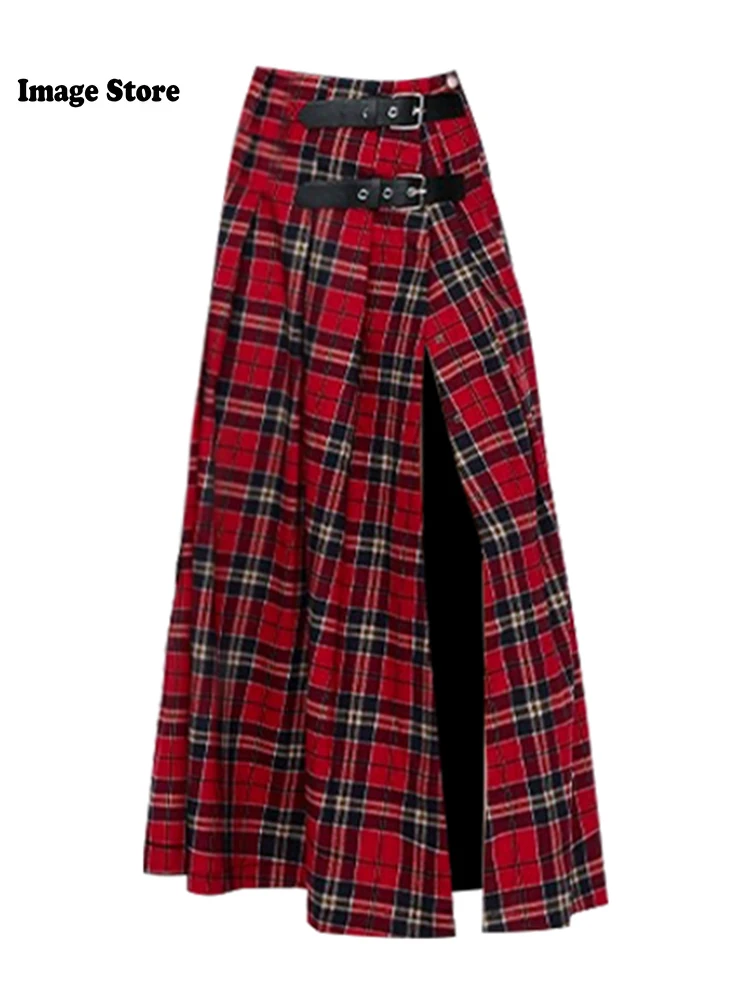 

Women Vintage Midi Plaid Skirt Slit Gyaru Coquette 2000s Design Preppy Hot Sexy Grunge Cyber Punk Y2k Japanese Streetwear Chic