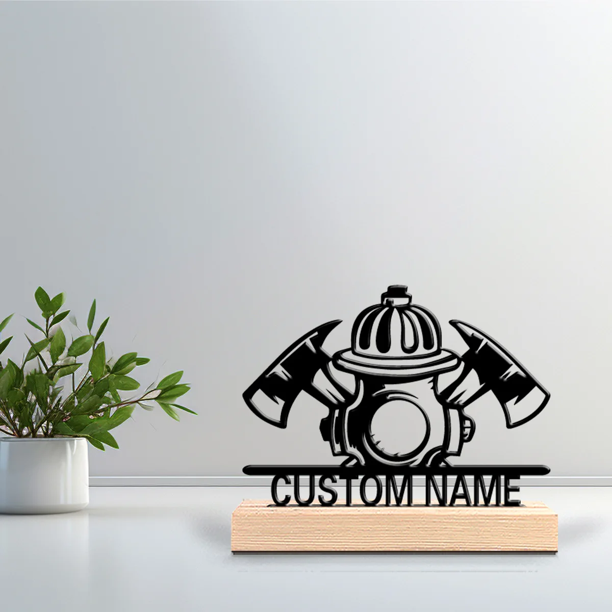 1pc firefighting industry Custom Letter Tin Statue Metal Ornament Art Figurine With Wood Base Metal Ornament Home Table